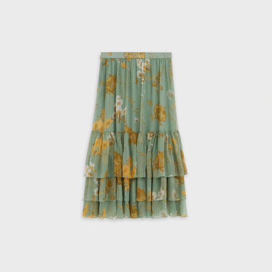 Women's Mi-Longue A Volants Skirt - Celadon/Gold
