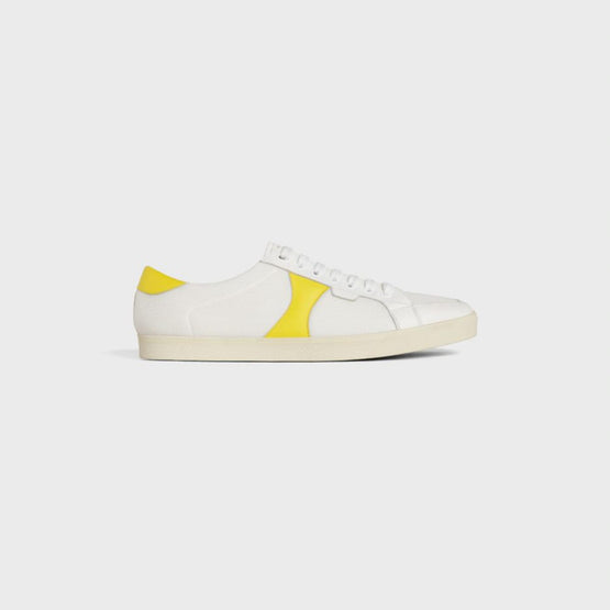 Men's Plain Log Celine Triomphe Low Lace Up Sneakers - White/Bright Yellow