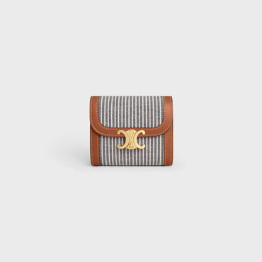 Triomphe Slg Small Flap Wallet Striped Textile & Calfskin - Navy Blue