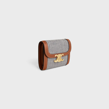 Triomphe Slg Small Flap Wallet Striped Textile & Calfskin - Navy Blue