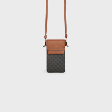 Triomphe Canvas Slg Phone Pouch With Flap & Lambskin - Tan