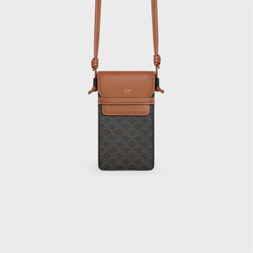 Triomphe Canvas Slg Phone Pouch With Flap & Lambskin - Tan