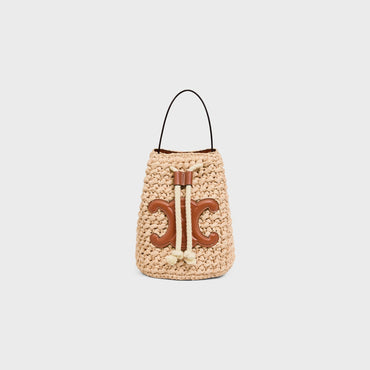 Cabas Celine Teen Drawstring Raffia & Calfskin - Natural / Tan