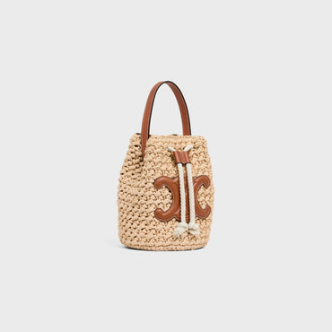 Cabas Celine Teen Drawstring Raffia & Calfskin - Natural / Tan