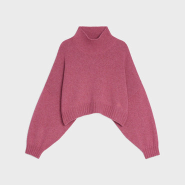 Boxy Cropped High Collar Sweater - Dark Pink