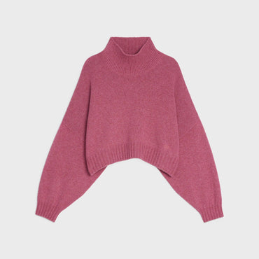 Boxy Cropped High Collar Sweater - Dark Pink