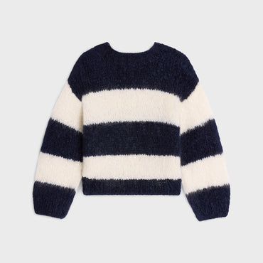 Pull Col Rond Oversize Laine Mohair Chunky Raye - Off White / Navy