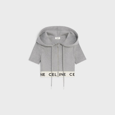Celine Zip-Up Hooded Crop Top - Grey/Off White