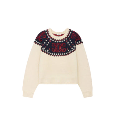 Sweater Rond Boxy Fair Isle Triomphe Pull Col Cropped Laine Brode - Off White / Navy / Red