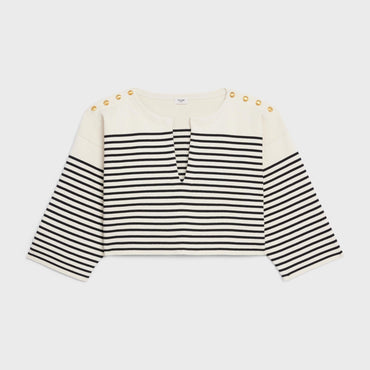 Vareuse Cropped Boutons Dorés Coton Maille Marin - Cream / Black