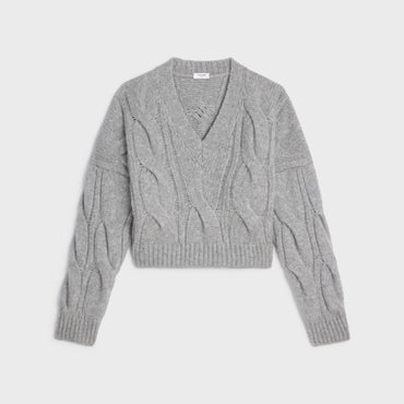 Pull Col V Torsades Cashmere Soie Cachemire - Light Grey