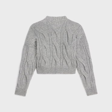 Pull Col V Torsades Cashmere Soie Cachemire - Light Grey