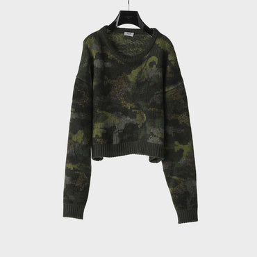 Boxy Cropped Round Neck Sweater - Camouflage