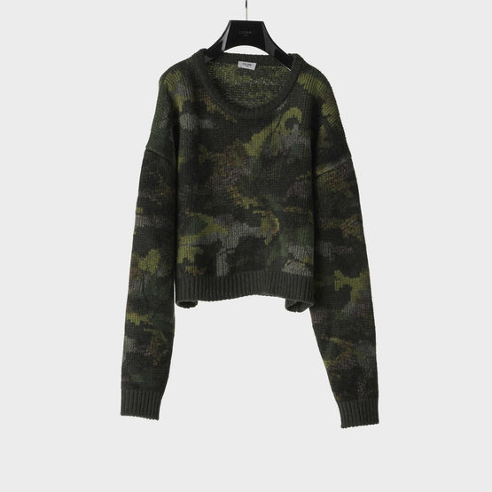 Men Boxy Cropped Round Neck Sweater - Camouflage