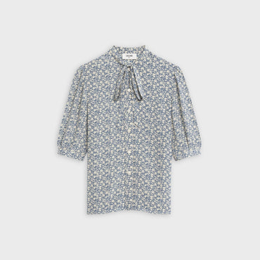 Bowl Blouse With Balloon Sleeves - Blue/Off White