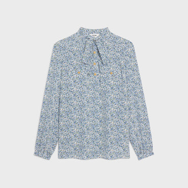 Fine Lavalliere Blouse With Pockets - Off White/Blue