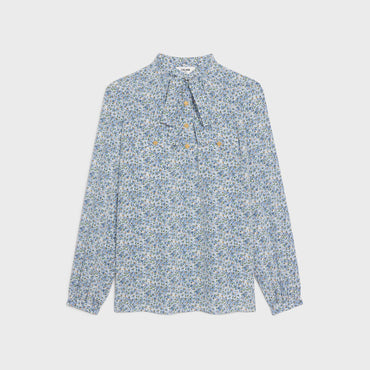 Fine Lavalliere Blouse With Pockets - Off White/Blue