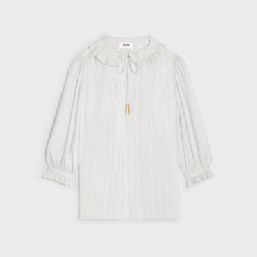 Blouse Col Claudine Frill - Craie/Bleu