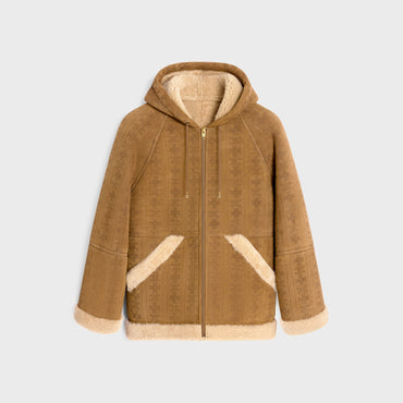 Hooded Parka Triomphe Lambskin Capuche Agneau Frise Perfore - Khaki / Ficelle