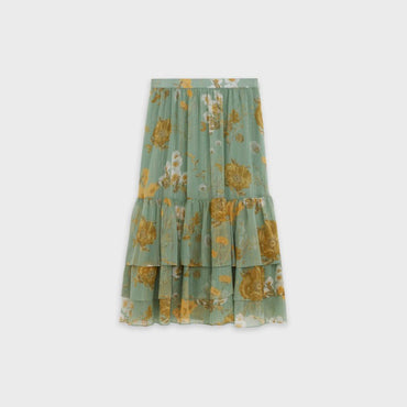 Midi Length Skirt With Ruffles - Celadon/Gold
