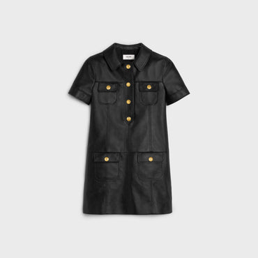 Mini Robe Col Chemise Soft Lambskin - Black