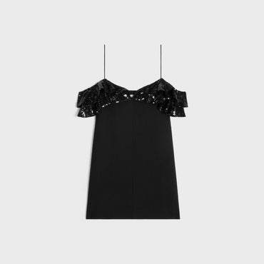 Mini Dress Volants Brodes Sable De Laine Robe - Black