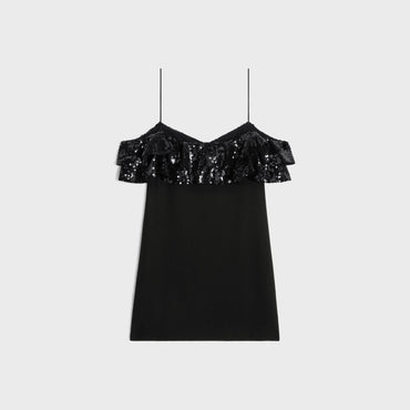 Mini Dress Volants Brodes Sable De Laine Robe - Black