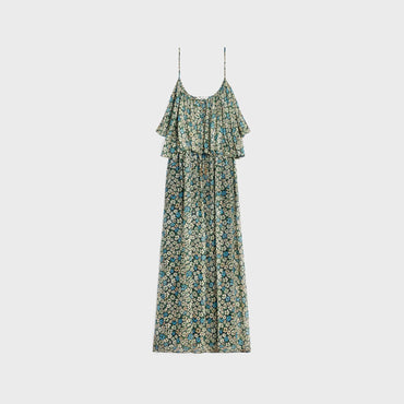 Dress Bain De Soleil Froncee Georgette Soie Jardin Hiver Robe - Noir/Bleu/Craie