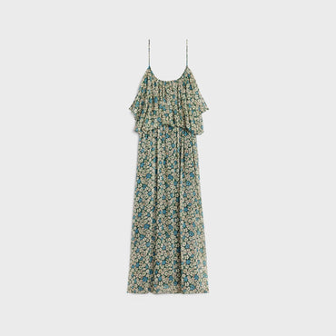 Dress Bain De Soleil Froncee Georgette Soie Jardin Hiver Robe - Noir/Bleu/Craie