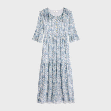 Robe Longue Volants - Ecru/Bleu