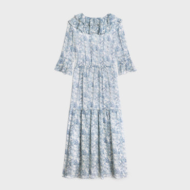 Robe Longue Volants - Ecru/Bleu
