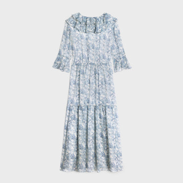 Robe Longue Volants Georgette Soie Aquarelle - Ecru/Bleu