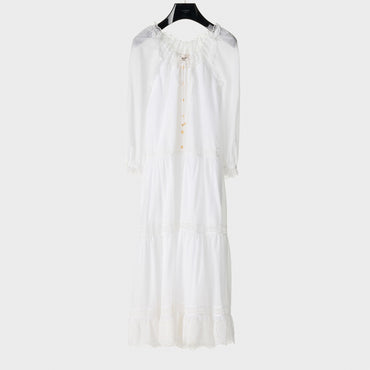 Dress Folk Broderie Anglaise Mousseline De Coton Robe - Craie