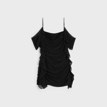 Dress Drapée Manche Volantée Silk Georgette Robe - Black