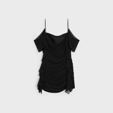 Dress Drapée Manche Volantée Silk Georgette Robe - Black