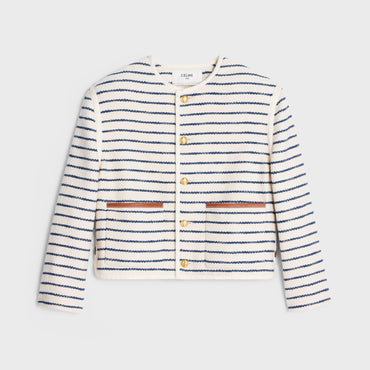 Leather Details Cardigan Jacket - Ivory/Navy