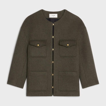 Jacket With Oversized Staple Pure Collar - Khaki Melange