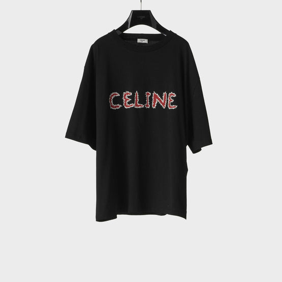 Men Loose Celine Strass T-Shirt - Black/Red