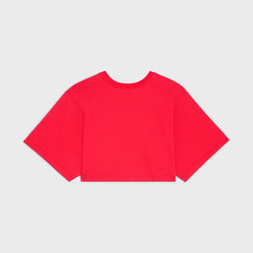 Crop Top Brodé Sequins Allover Cotton Fleece - Rouge Intense / Off White