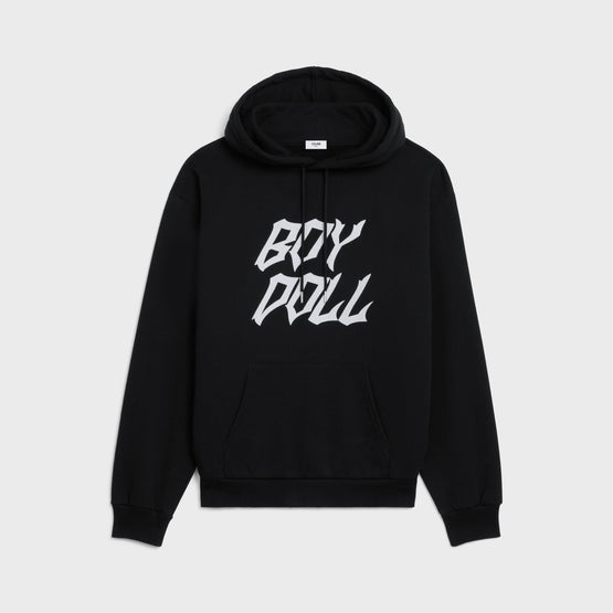 Men Loose Boy Doll Flock Hoodie - Black/White