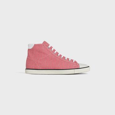 Celine Blank Mid Lace Up Sneaker W/ Toe Cap Stripped Canvas & Calfskin - White / Red