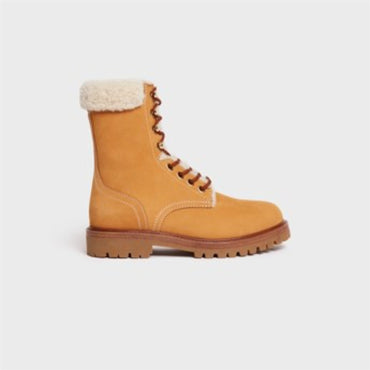 Celine Kurt Lace-Up Mid Boot 35 Nubuck Calfskin & Shearling - Light Tan/Natural