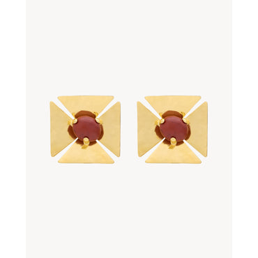 Square & Stone Earrings - Dore/Rouge