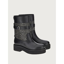 Crystal Embellished Biker Boots - Black