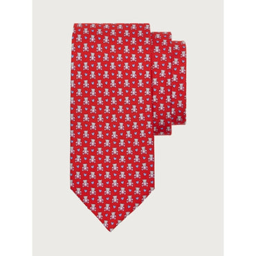 Teddy Bears And Gancini Print Silk Tie - Red