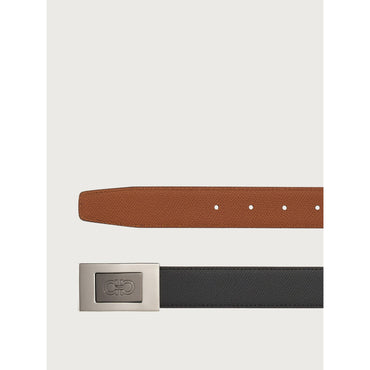 Reversible And Adjustable Gancini Belt - Hammered Calf Leather - Black/Vicuna