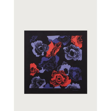 Poppies Print Silk Foulard (90x90cm) - Black/Blue Marine