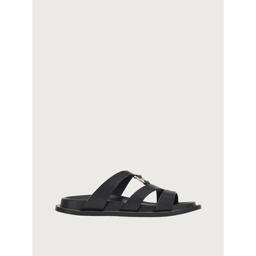 Flat Sandals With Gancini Detail - Calfskin - Black