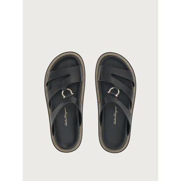 Flat Sandals With Gancini Detail - Calfskin - Black