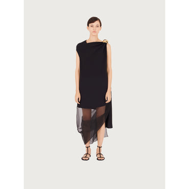 Asymmetric Dress With Organza - 100% Viscose - Black